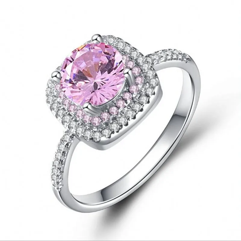 Pink Классический стиль модные ювелирные изделия 925 серебро круглой огранки 5A белый CZ обручальные женские свадебные кольца для возлюбленной - Цвет основного камня: Pink