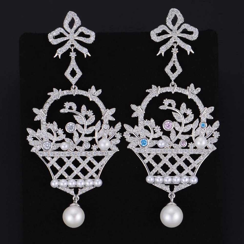 

missvikki Romantic Flower basket Pendant Earrings for Women Jewelry Shiny Full Cubic Zirconia Pearl Noble Bridal Wedding Jewelry