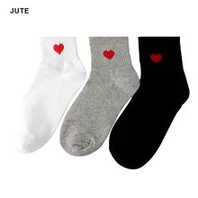 Носки для женщин, хлопковые, с узором в виде красного сердца, мягкие, дышащие, компрессионные, теплые, зимние, черные, белые, носки по щиколотку, повседневные носки