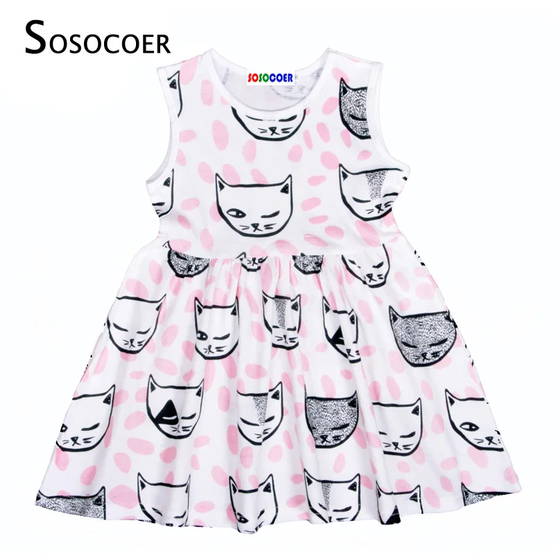 

SOSOCOER Toddler Girls Dress 2017 Summer Sleeveless Cartoon Cat Head Kids Dresses Pink Polka Dot Baby Girl Clothes Free Shipping
