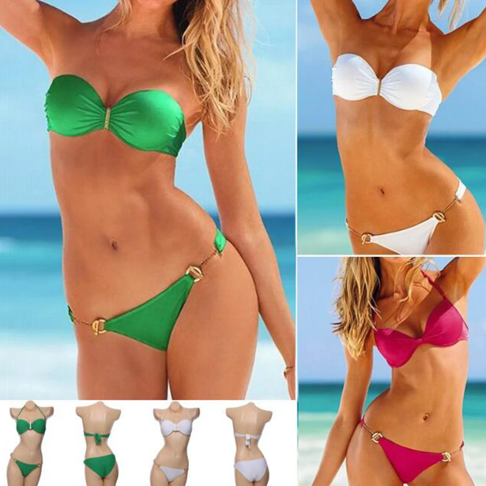 Cheap Women's Sexy Padded Rose halter Chains Solid Push UP Beachwear