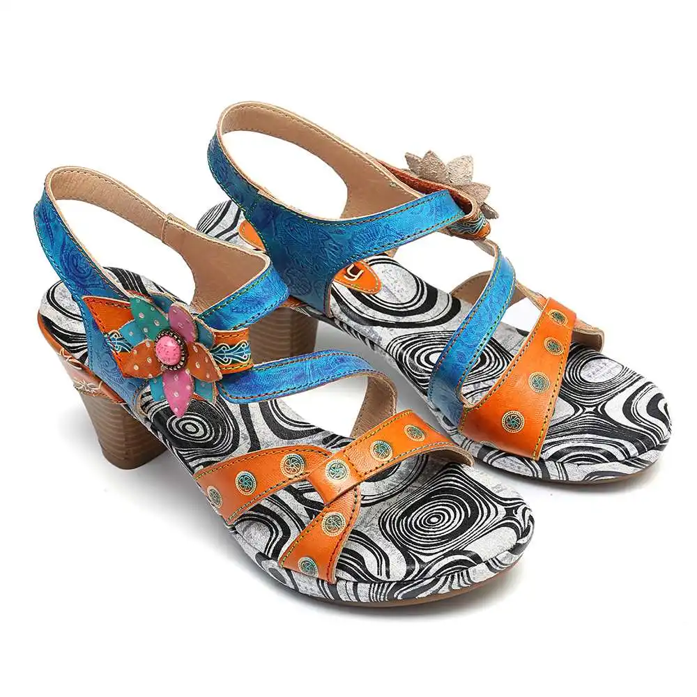 SOCOFY/удобные сандалии в стиле ретро; босоножки из натуральной кожи на застежке-липучке с цветочным принтом; элегантная обувь на высоком каблуке; Sandalias Mujer; коллекция года
