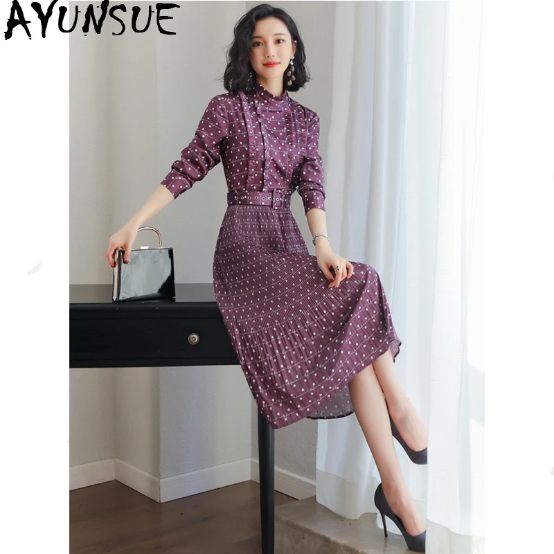 

Spring Summer Dress 2019 Vintage Polka Dot Office Dress for Women Pleated Purple Dress Elegant Ladies Dresses Vestidos MY2320