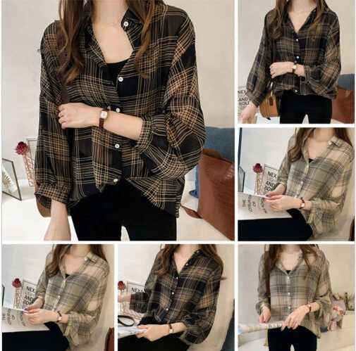 

Thefound Brand Size Plus Women Blouses Long Sleeve Button Plaids Ladies Shirts Baggy Loose Cool Design Blouse New Tops M-4XL