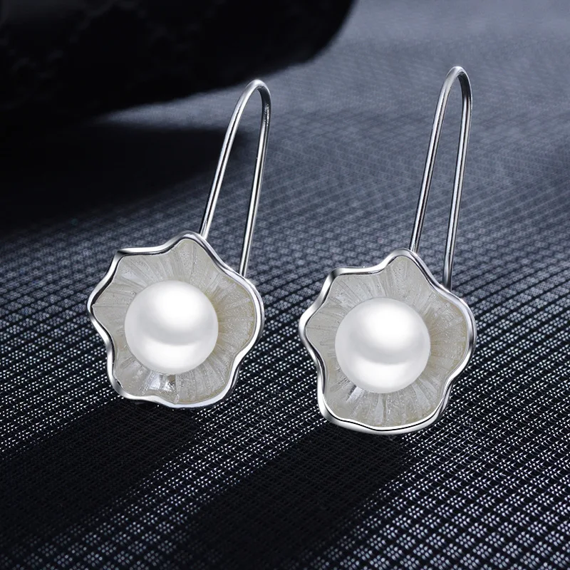

100% 925 Sterling Silver Simulated Pearl Drop Earrings For Women Flower Earrings Sterling-silver-jewelry pendientes