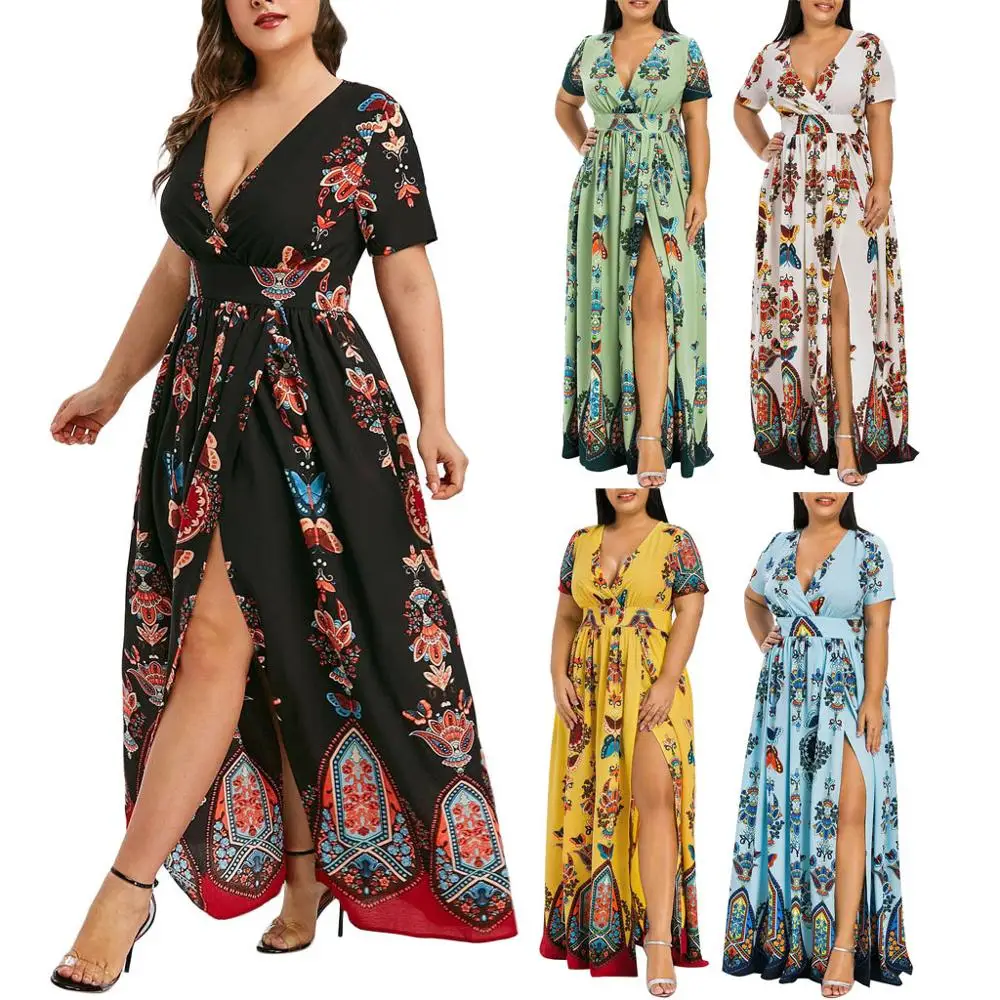 

Fashion Women maxi dress 2019 Plus Size Fashion Women Butterfly Printed V-Neck Short Sleeve Casual Long Dress