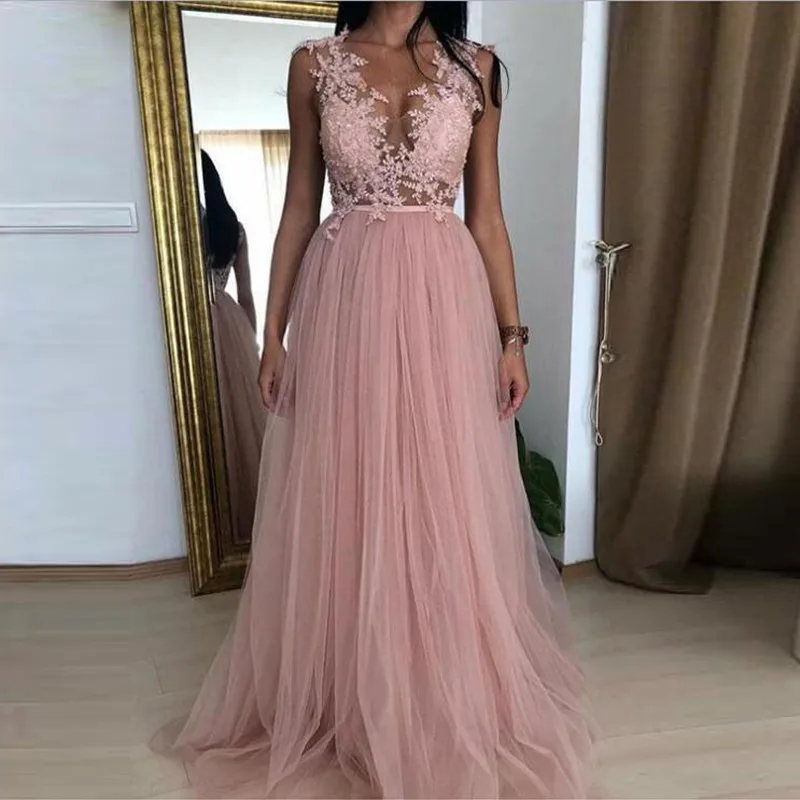 Real Picture Dusty Roze Elegante Ronde Hals EEN Lijn Tulle Lange Avond Formele Jurken Applique Zomer Prom Gown Custom Party jurk Real Picture Dusty Roze Elegante Ronde Hals EEN Lijn Tulle Lange Avond Formele Jurken Applique Zomer Prom Gown Custom Party jurk
