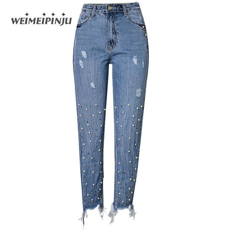 Women Jeans Autumn Winter Fashion Casual Denim Pants For Lady Straight High Waist With Beads Female Holes Ripped Trousers |