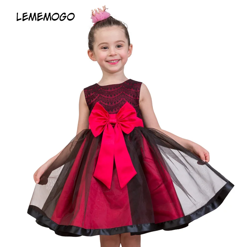 

LEMEMOGO Summer New Floral Girls Wedding Mesh Dress Baby Kids Sleeveless Party Clothes Children Princess Bow Banquet Dress Girls