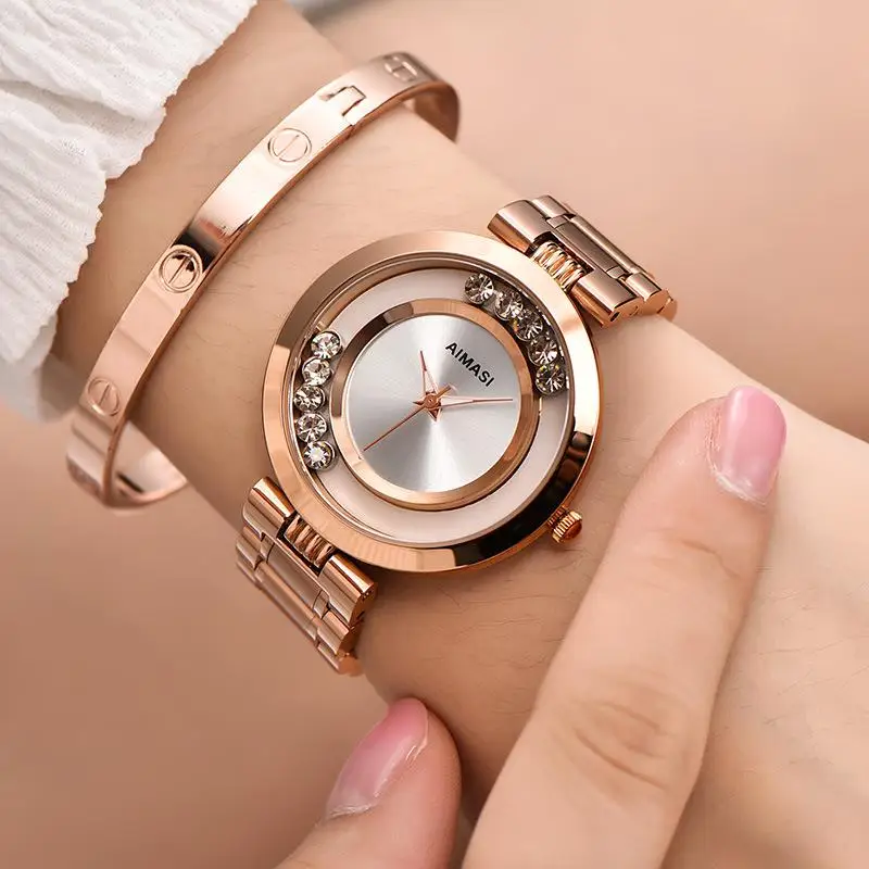 New Aimasi Brand Women's Watches Ladies Fashion Luxury Rose Gold Stainless Steel Ball Crystal Women Rhinestone Clocks Saat - Цвет: As Picture White