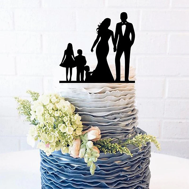 

custom Wedding Cake Topper curvy bride Cake topper groom in tuxedo family silhouette cake topper with family bride