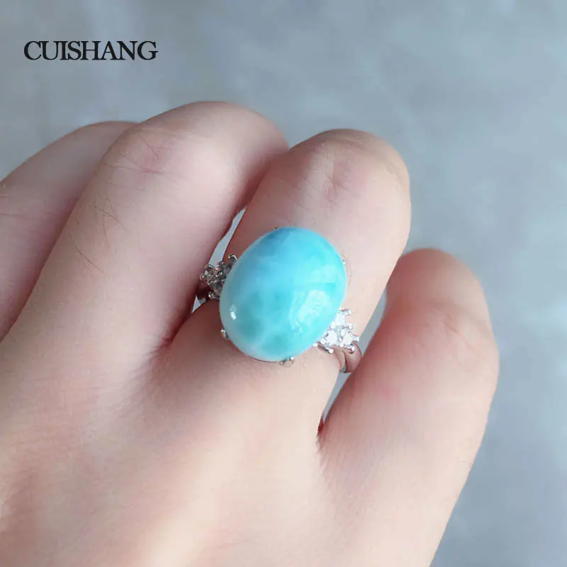 

CSJ Blue larimar Ring Big stone 11*14MM Sterling 925 Silver Fine Jewelry for Women and Lady Wedding Engagement Party Gift in box