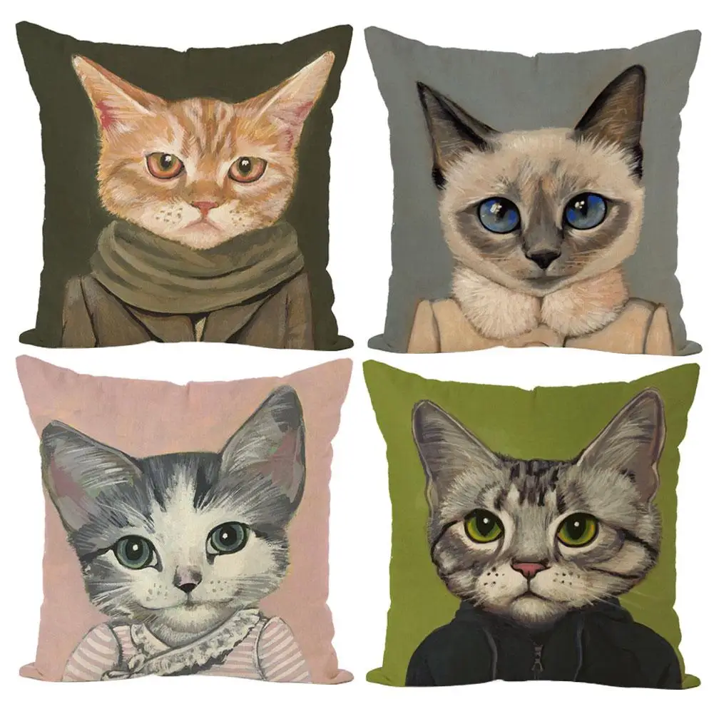 

40# Creative Cat Head Human Body Square Linen Throw Pillow Case Cushion Cover Sofa Bed Home Decor