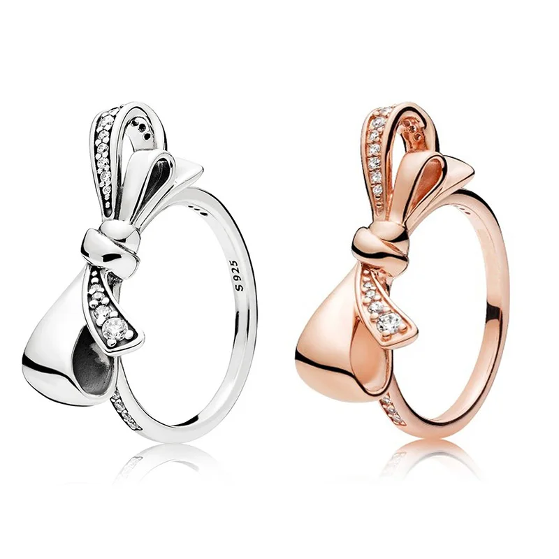 

2 Color Silver Rings with Crystal Bowknot Wedding & Party Ring for Women Jewelry Gift R183