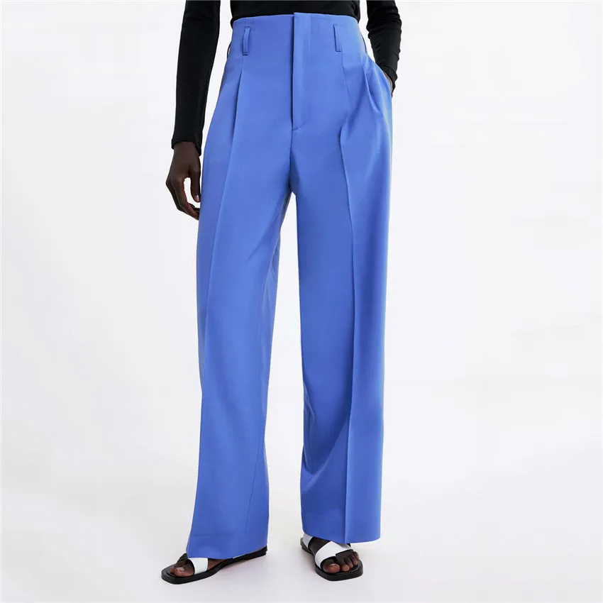 

Women chic blue pleated high waist pants pockets zipper fly female 2019 casual long trousers pantalones