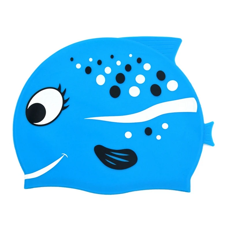 Детская шапочка для плавания для мальчиков и девочек с рисунком рыбы из мультфильма Силиконовая Водонепроницаемая Защитная шапочка для плавания с ушками акулы детская шапка 11 цветов - Цвет: Little fish blue
