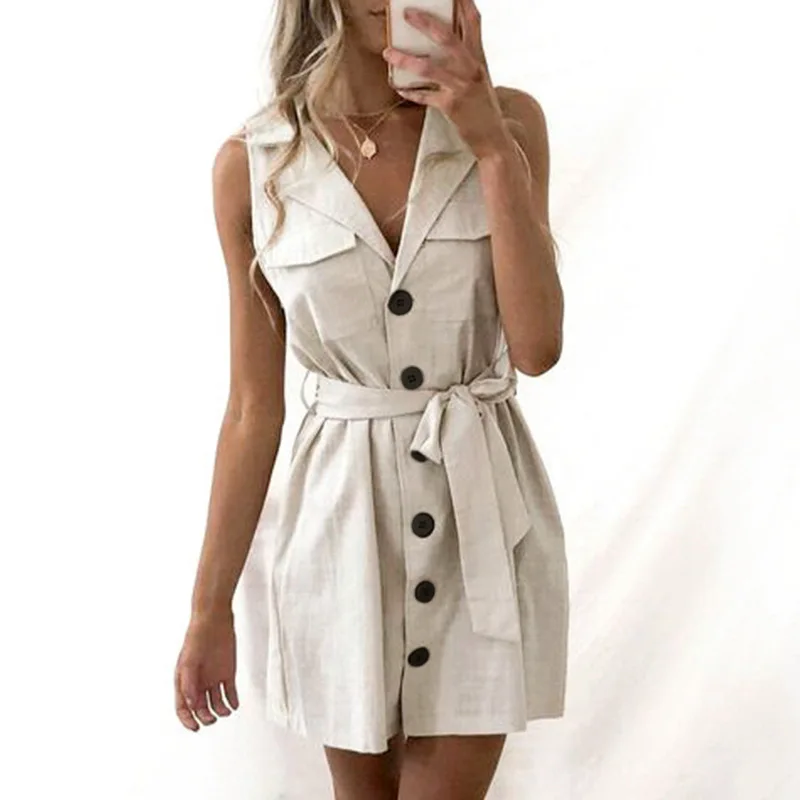 

Elegant Short Blazer Women Dress Sexy Bow Belt Tie Solid Mini Dress Linen Button Beach Wrap Party Dresses Shirt Vestidos