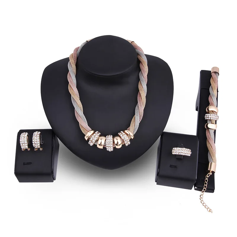 4PCS/SET Fashion Gold Dubai Jewelry Set Crystal Necklace Earrings Ring Bracelet | Украшения и аксессуары