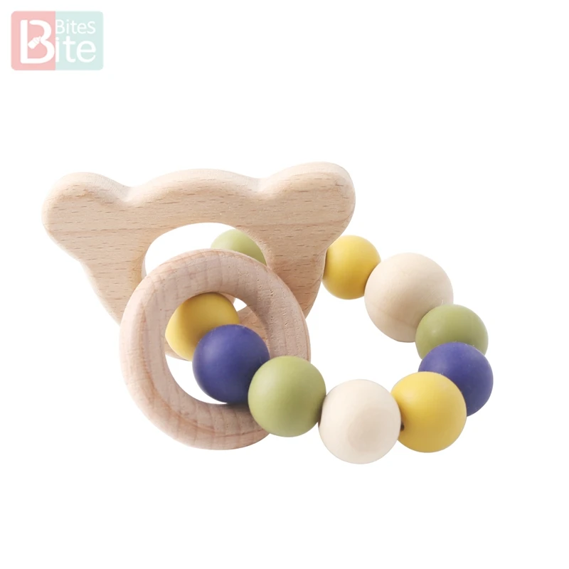 1 шт., детский силиконовый браслет для прорезывания зубов, кролик, силиконовые бусины, круглое кольцо из натурального дерева, пищевой силикон, детский Прорезыватель - Цвет: Bracelet Bear