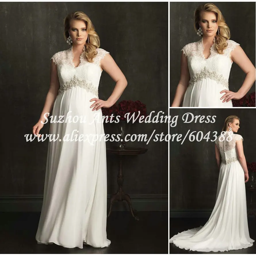 Elegant Cap Sleeve V Neck Wedding Dress Plus Size 2015 Chiffon Bridal
