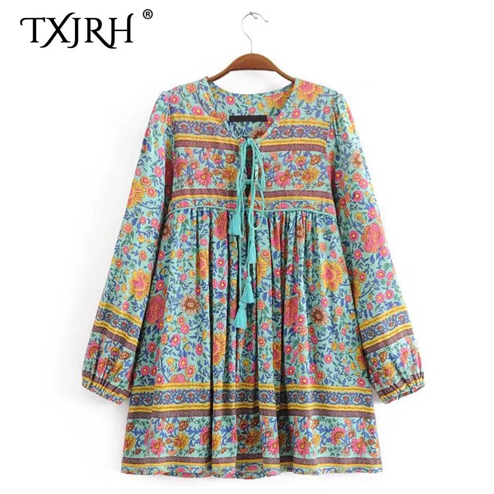 

TXJRH Vintage Holiday Bohemia Ethnic Floral Print Chest Lacing Up Tied Bow Tassel Shirt Fashion Women Long Sleeve Blouse Tops
