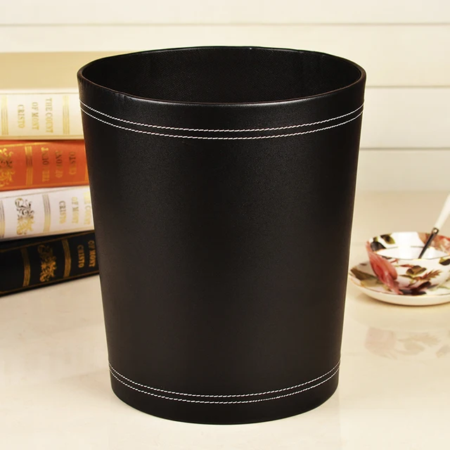 High Grade 12liters Round Leather Wood Waste Basket Home Office High Grade 12liters Round Leather Wood Waste Basket Home Office Sundries Trash Can Wastebasket Dustbin Garbage