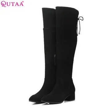 

QUTAA 2019 Women Knee High Boots Elegant All Match Platform Zipper Square High Heel Sexy Black Winter Boots Big Size 34-39