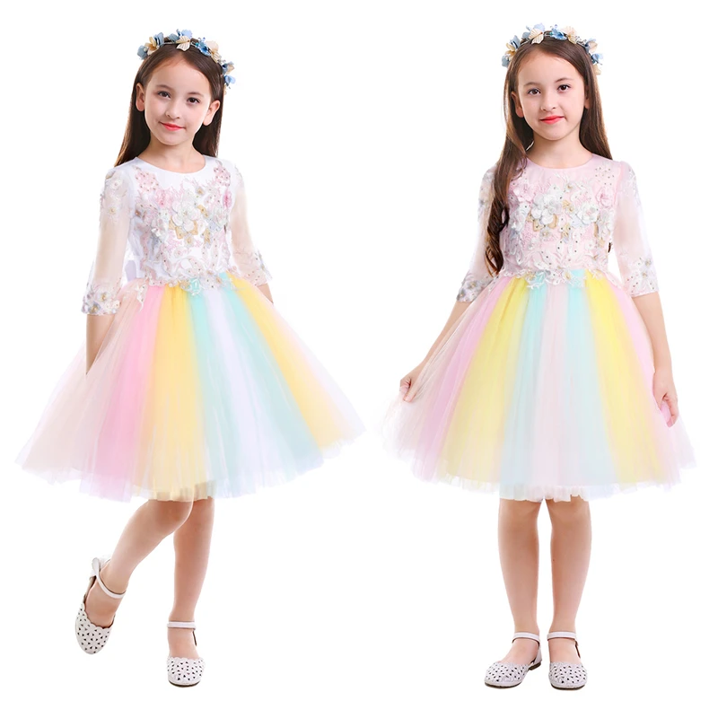 Модное Радужное платье для девочек; платье с цветочным узором, бисером и единорогом; фатиновое бальное платье; Пышное Платье для принцессы; платье для дня рождения; детское платье для девочек