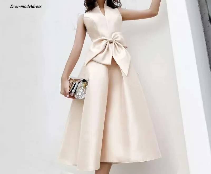 

Simple Short Champagne Prom Dresses With Bow 2019 High Neck A Line Tea Length Satin Vestidos De Festa Evening Party Gowns Cheap