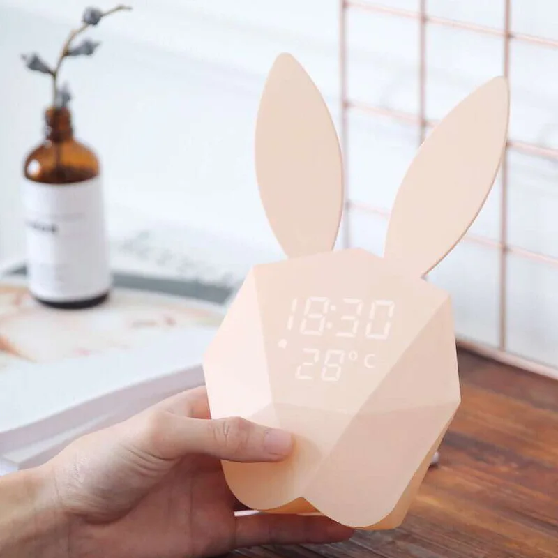 

LED Rabbit Alarm Clock Children Digital Desktop Music Mini Loud Chargeable Wall Clock Voice Activated Night Light For Home Decor