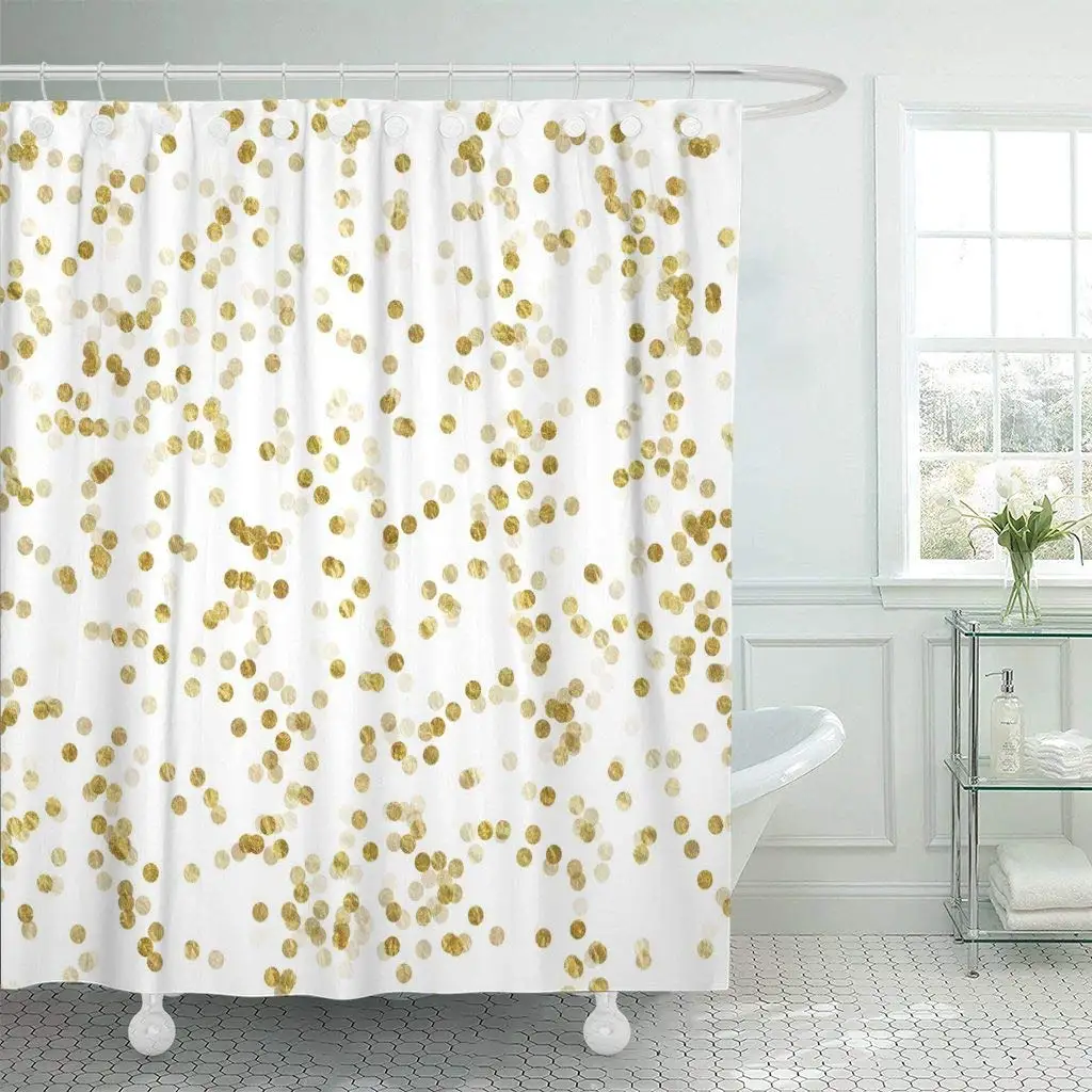 Занавеска для душа с крючками конфетти золотой и белый горошек искусственный узор блестящая ванная комната