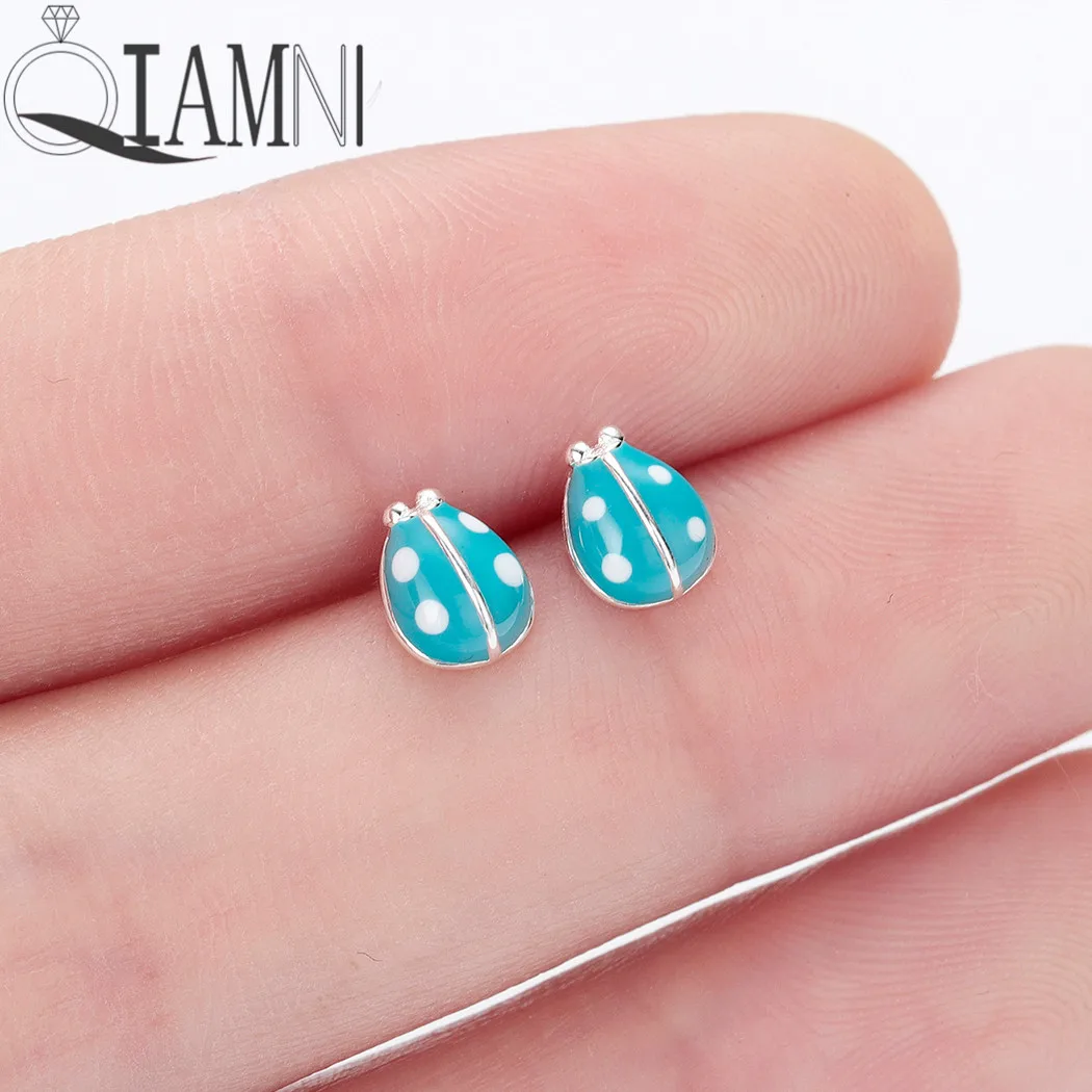 QIAMNI Blue Insect Coccinella Septempunctata Stud Earrings Women Birthday Lovers Gift Party Cartoon Jewelry Pendientes Brinco |