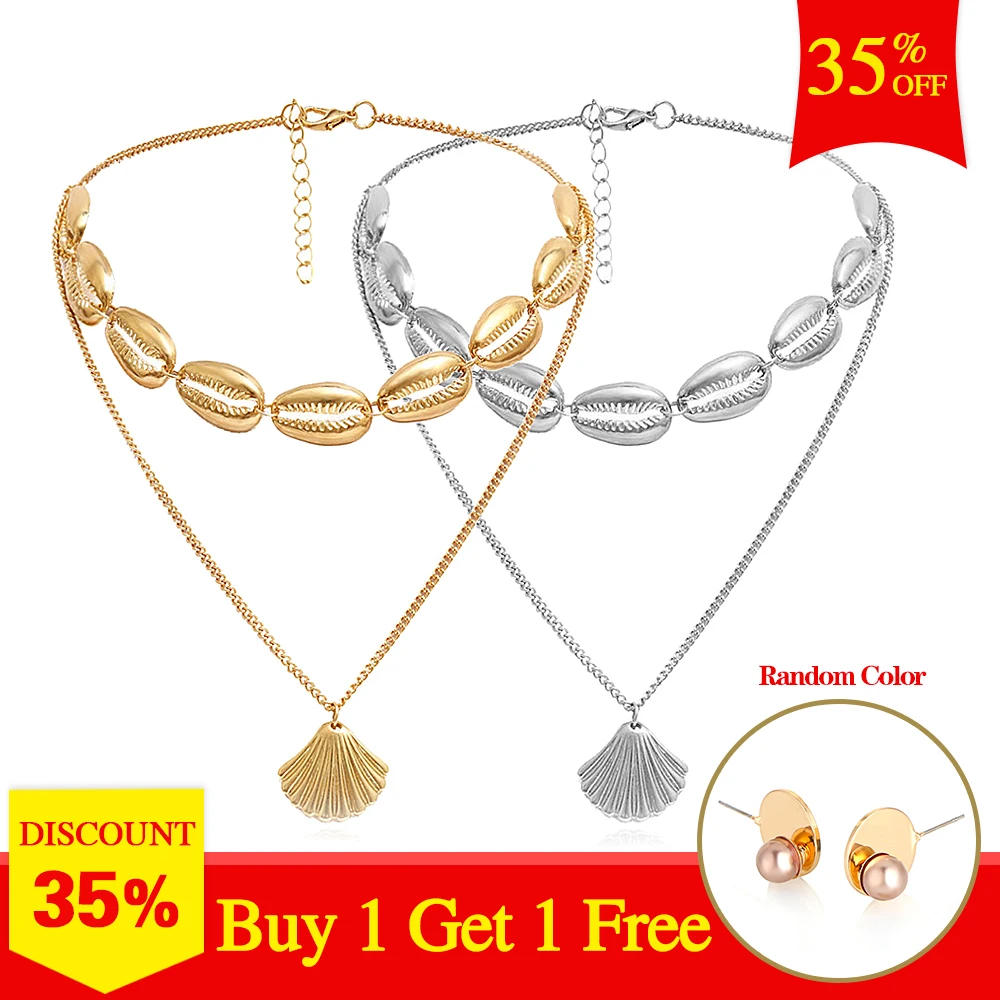 

Komi Bohemia Double Chain Seashell Metal Choker Necklace Women Charm Shell Necklace I-289 BUY ONE GET ONE GIFT FREE