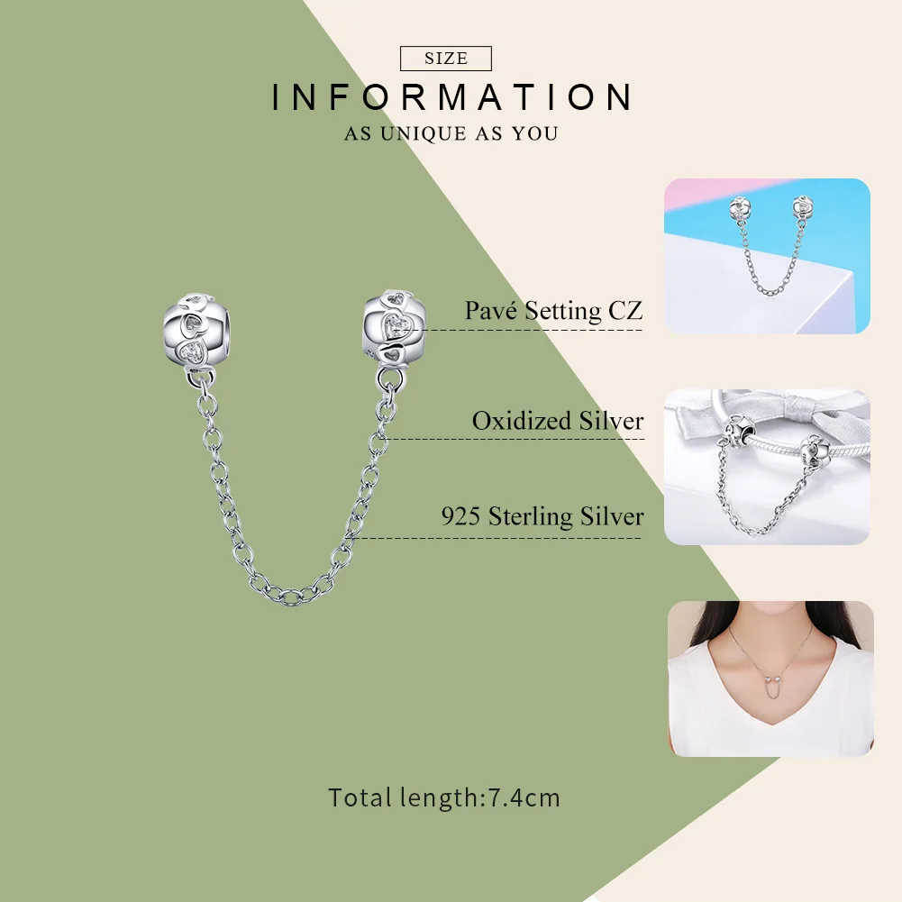 BAMOER Genuine 100% 925 Sterling Silver Romantic Heart Safety Chain Charm fit Women Charm Bracelets DIY Jewelry Making SCC736