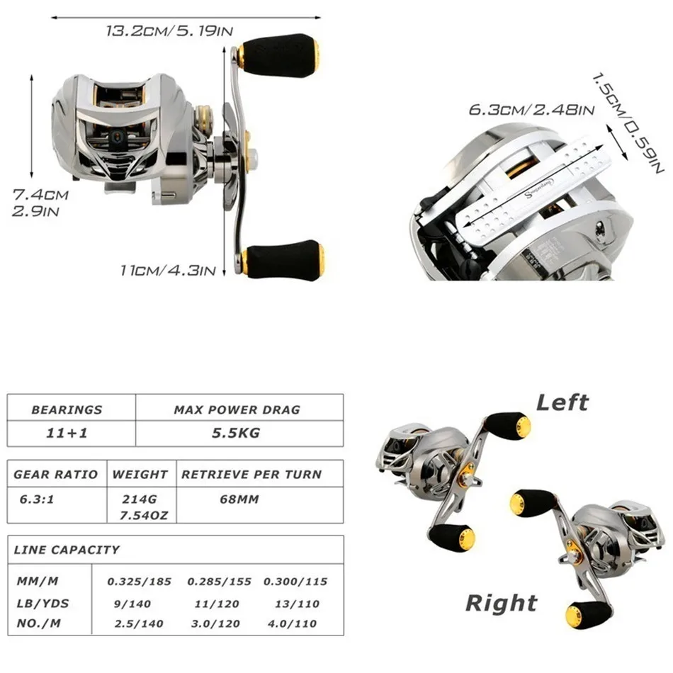Carretel de Pesca 11 + 1bb Sougayilang Arremesso Super Leve Estrutura Design Precisamente Usinado Latão Engrenagem Molinete 4 Sougayilang 11 + 1bb carretel de pesca