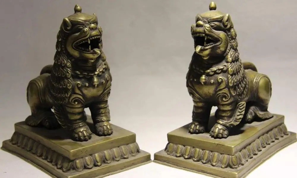

Tibet Copper Bronze Feng Shui Lucky Fu Foo Dog Lion Unicorn kylin Statue Pair