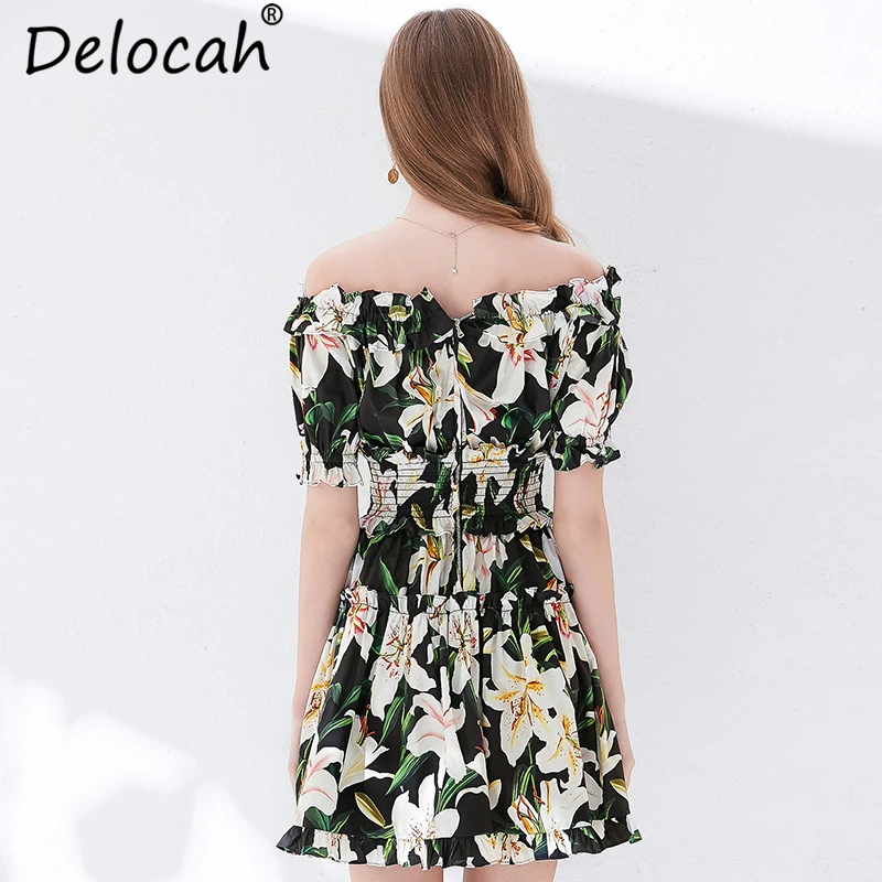 Delocah Summer Women Dress Runway Fashion Designer Lantern Sleeve Backless Floral Print Elastic Waist Elegant Casual Mini Dress