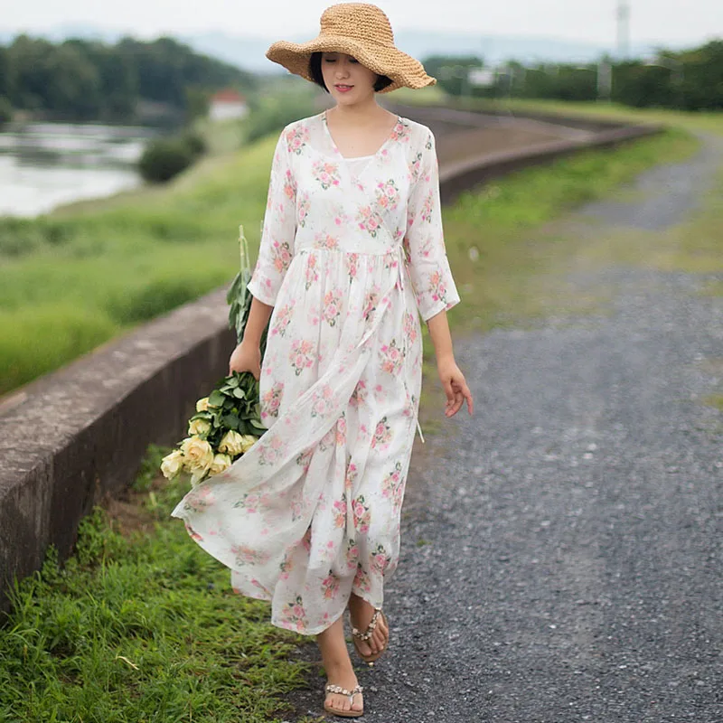 

SCUWLINEN 2019 Summer Dress Vintage Rose Print V-neck 100% Ramie Long Dress Cute Loose Robe Vestidos S387