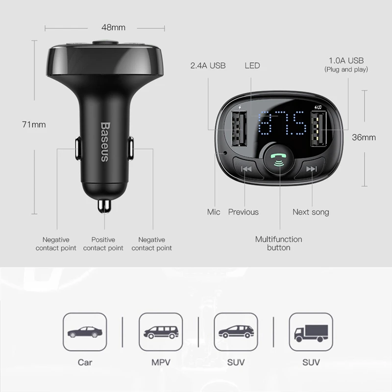 Baseus fm-передатчик Handsfree Bluetooth автомобильный комплект для мобильного телефона lcd MP3-плеер с 3.4A двойное автомобильное usb-устройство для зарядки телефона