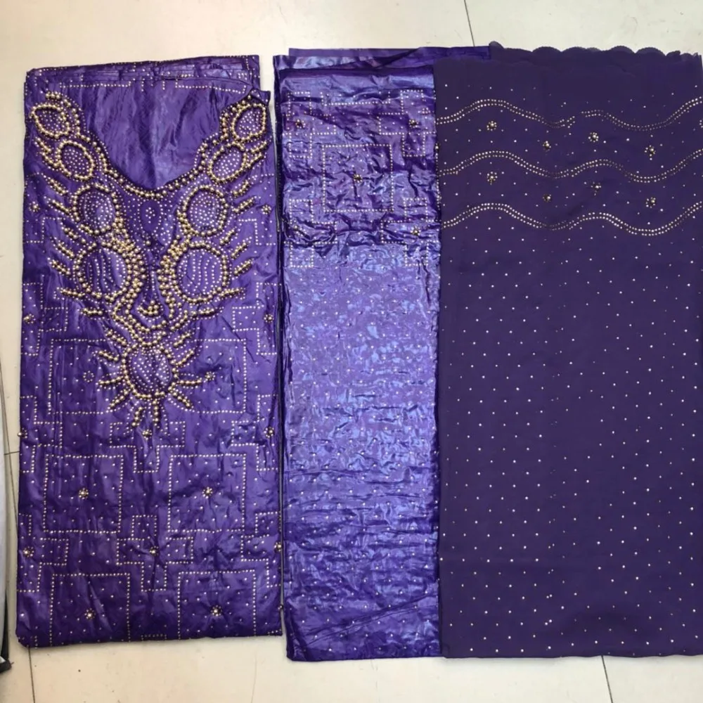 

2019 Africa Bazin Brocade Purple Richer Getzner Stones Beads Guinea Basin Garment lace Materials 3+2+2yards Per set For Dress