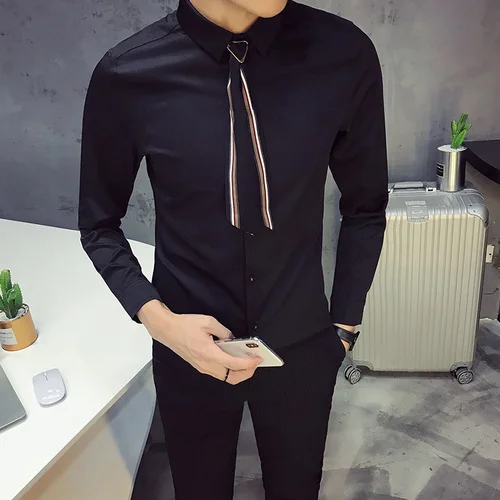 Черный 5XL белые мужские рубашки с длинным рукавом Slim Fit Camisas De Tallas Grandes De Hombre винтажное платье для мужчин s Рабочая Рубашка с галстуком черный - Цвет: Черный