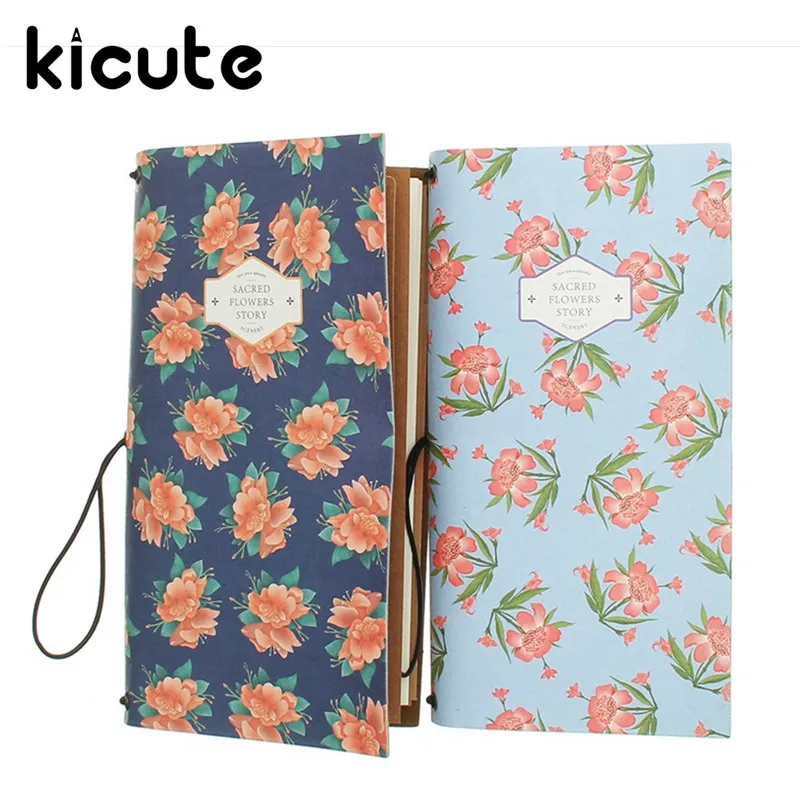 

Kicute Beautiful Flower Floral Vintage Notebook Kraft Paper Portable Travel Journal Planner Diary Book Office School Supply Gift