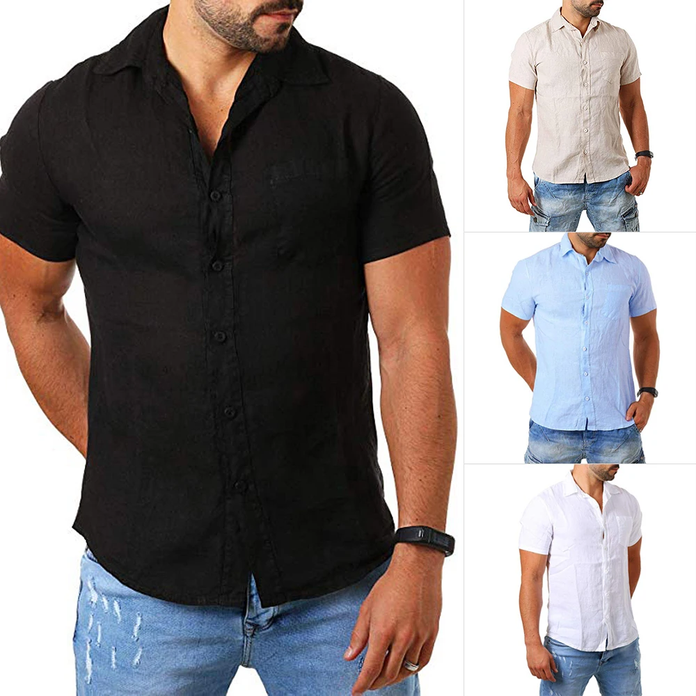 

2019 Casual Solid Cotton Linen Shirts Men Summer Fashion Short Sleeve Shirts Man Comfortable Slim Fit Tees Top For Male