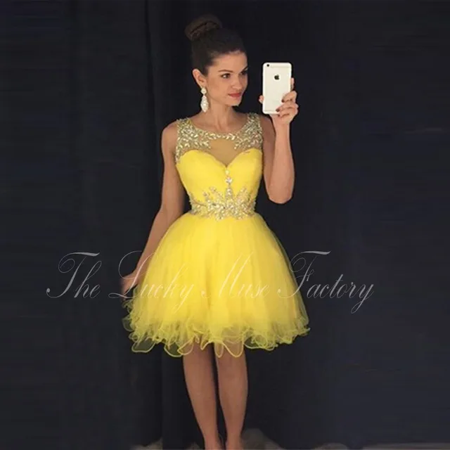 Restricción Obsesión hotel Vestidos de fiesta cortos elegantes 2017 pura cuello que rebordea a line  tulle amarillo nunca bastante corto barato vestidos de fiesta|tulle short  dress|crystal dress shortshort crystal dress - AliExpress