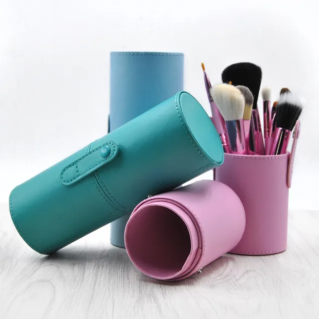 Travel Makeup Brushes Round Pen Holder PU Leather Cup Brush Holder Tube