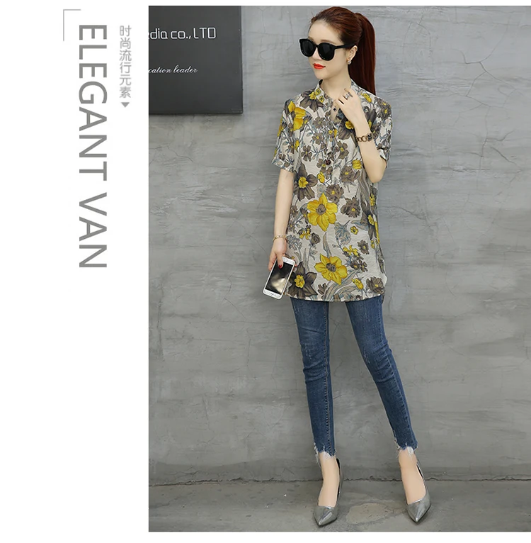 Модная шифоновая блузка Женская одежда с коротким рукавом свободная плюс размер женская рубашка блузка с v-образным вырезом с принтом цветочный женские топы D532 30