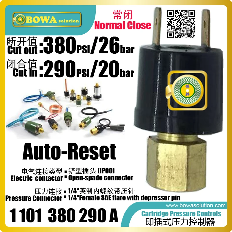 380PSI open and 290PSI closed pressure switches with auto reset is used for common R410a water chillers or air conditioner |