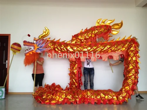 10 m Length Size 4 Gold-plated golden Chinese DRAGON DANCE ORIGINAL Dragon mascot costume Folk Festival Costume male ballet dancer outfit Stage & Dance Wear