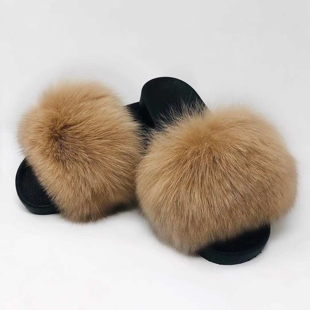 fox fur slippers Женские летние шлепанцы с лисьим мехом; пляжные шлепанцы на плоской подошве; Лидер продаж; размеры 36-45 - Цвет: fox fur slippers