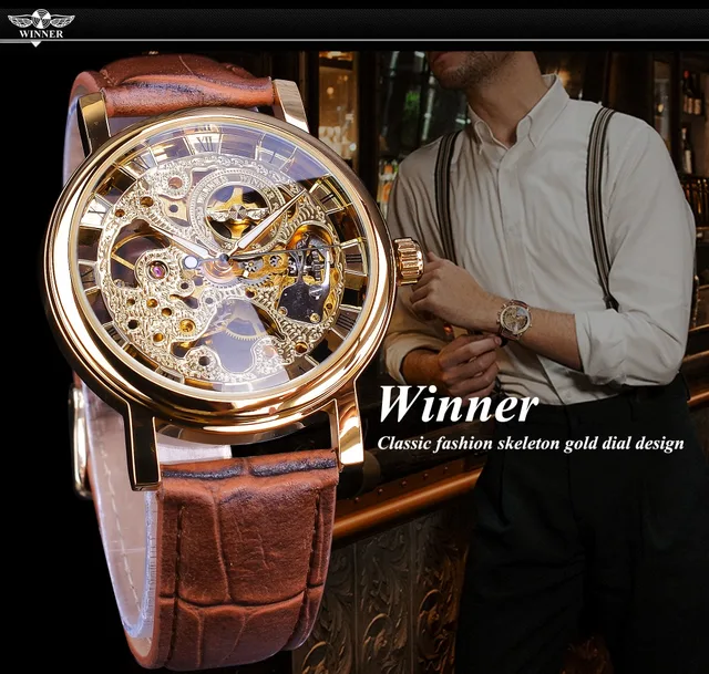 Winner Golden Mechanical Skeleton Watch Leather | Winner